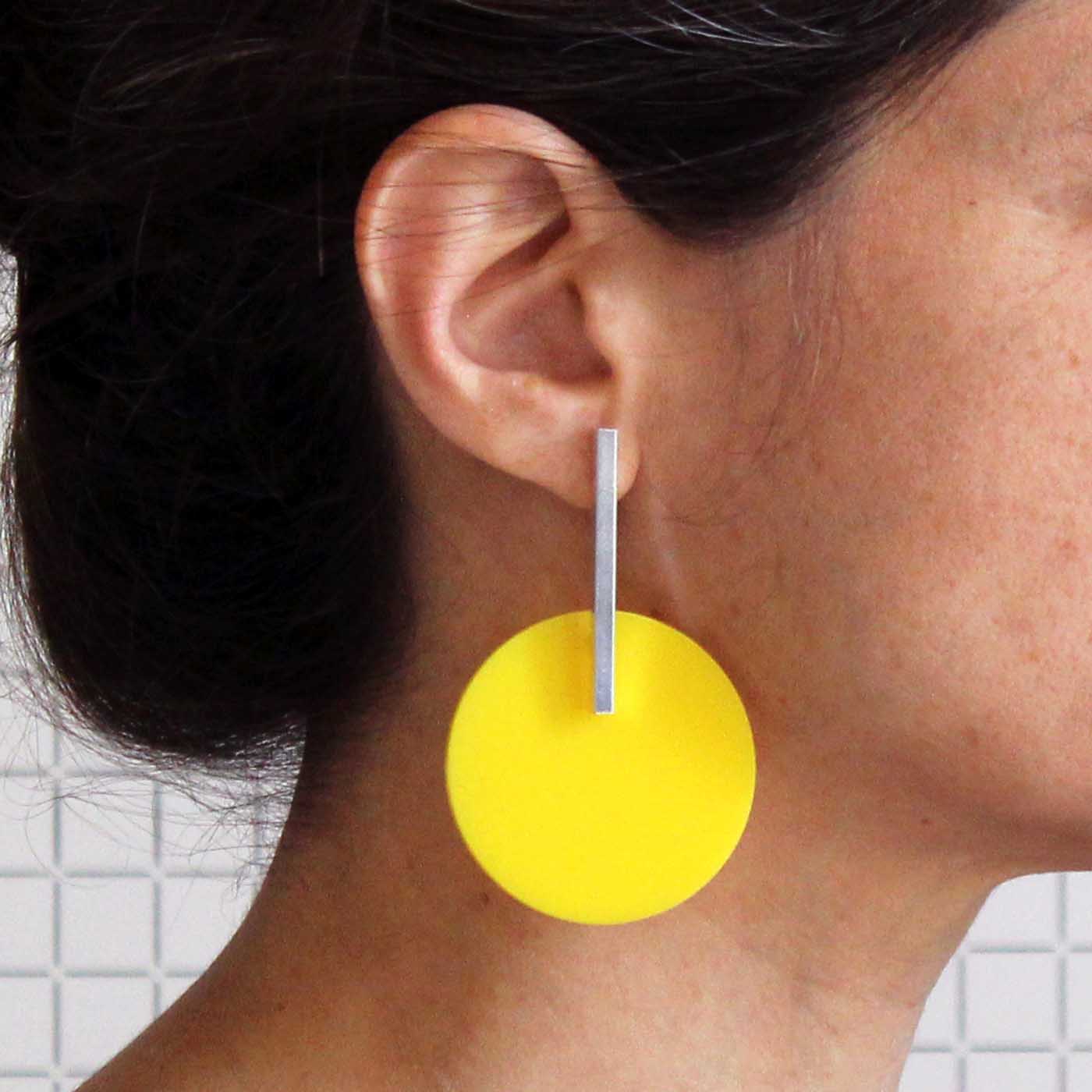 Circle Earrings in Silver with Yellow Acrylic